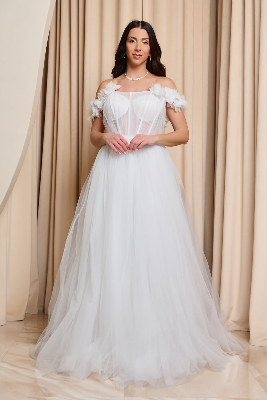 GA-2200-1 Φόρεμα maxi τούλινο με 3D λουλούδια άσπρο