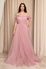 Φόρεμα maxi τούλινο με 3D λουλούδια dusty pink