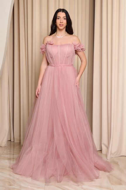 Φόρεμα maxi τούλινο με 3D λουλούδια dusty pink
