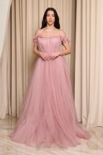 Φόρεμα maxi τούλινο με 3D λουλούδια dusty pink - Image 2