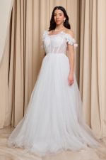 Φόρεμα maxi τούλινο με 3D λουλούδια άσπρο - Image 4