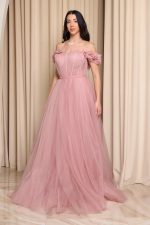 Φόρεμα maxi τούλινο με 3D λουλούδια dusty pink - Image 4