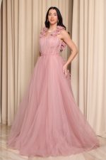 Φόρεμα maxi τούλινο με 3D λουλούδια dusty pink - Image 5