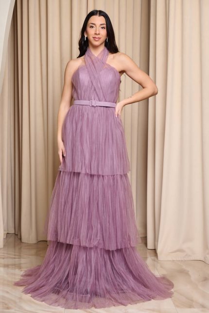 Φόρεμα maxi τούλινο με βολάν μωβ