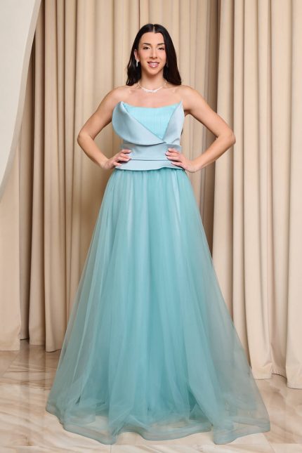 Φόρεμα maxi στράπλες με τούλι γαλάζιο