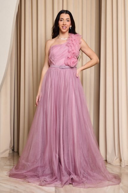 Φόρεμα maxi one shoulder με 3D λεπτομέρεια λιλά