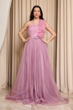 Φόρεμα maxi one shoulder με 3D λεπτομέρεια λιλά - Image 2