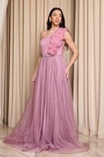 Φόρεμα maxi one shoulder με 3D λεπτομέρεια λιλά - Image 4