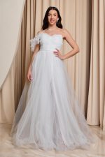 Φόρεμα maxi τούλινο one shoulder άσπρο - Image 2