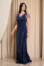 Φόρεμα maxi lurex με πιέτες και χάντρες midnight blue - Image 4