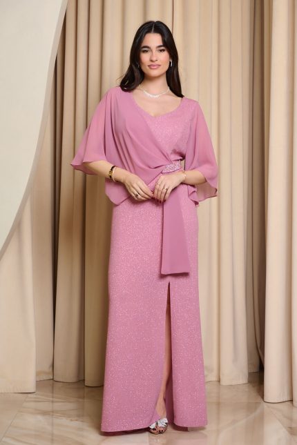 Φόρεμα maxi lurex με λεπτομέρεια στρας dusty pink