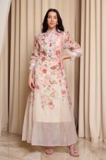 Φόρεμα maxi floral με λεπτομέρεια στρας μπεζ