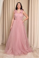 Φόρεμα maxi τούλινο με 3D λουλούδια dusty pink - Image 3