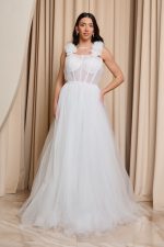 Φόρεμα maxi τούλινο με 3D λουλούδια άσπρο - Image 3