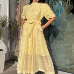 Φόρεμα midi balloon μανίκια με στρας κίτρινο