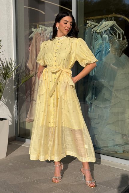 Φόρεμα midi balloon μανίκια με στρας κίτρινο