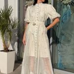 Φόρεμα midi balloon μανίκια με στρας εκρού