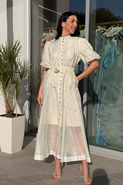 Φόρεμα midi balloon μανίκια με στρας εκρού