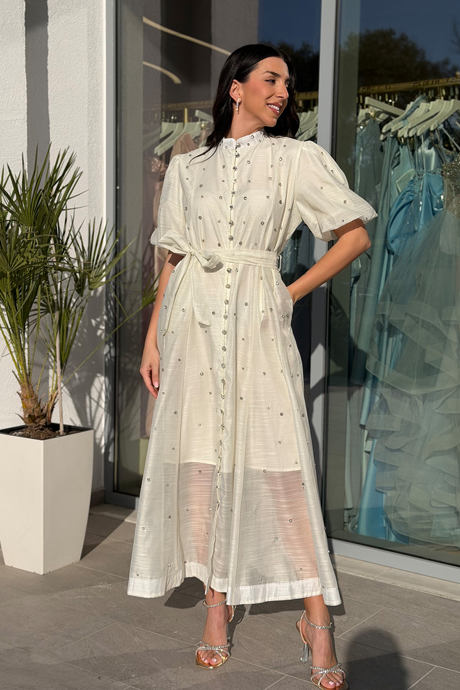 Φόρεμα midi balloon μανίκια με στρας εκρού