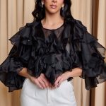 Πουκάμισο σατινέ με βολάν μαύρο