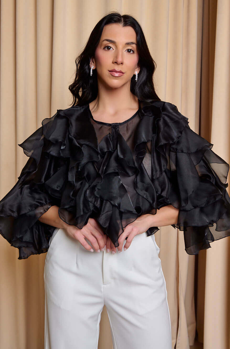 Πουκάμισο σατινέ με βολάν μαύρο