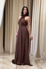 Φόρεμα maxi σατέν εξώπλατο καφέ - Image 3