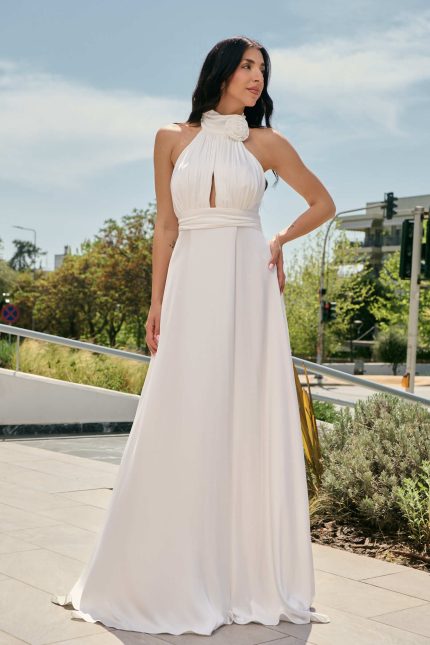 Φόρεμα maxi σατέν εξώπλατο άσπρο