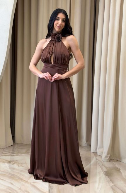 Φόρεμα maxi σατέν εξώπλατο καφέ