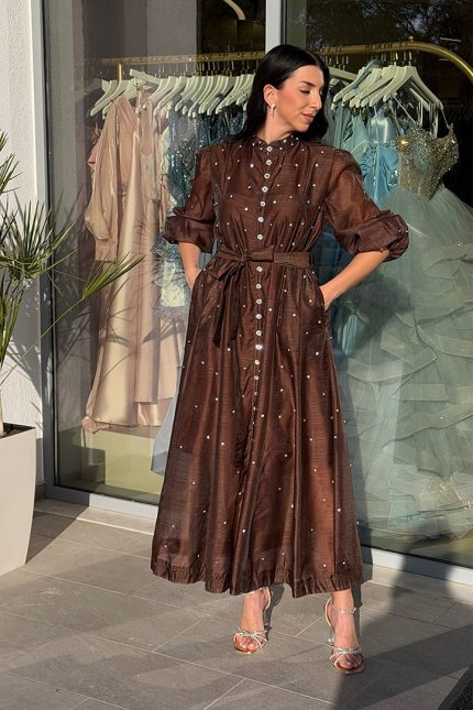 Φόρεμα maxi με στρας καφέ