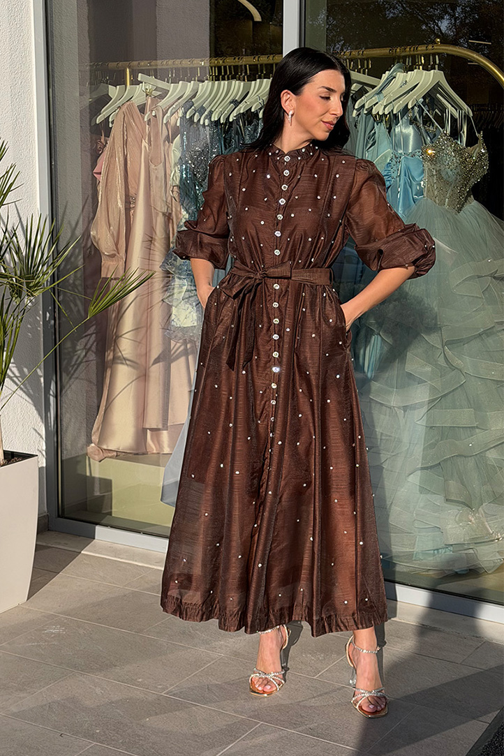 Φόρεμα maxi με στρας καφέ