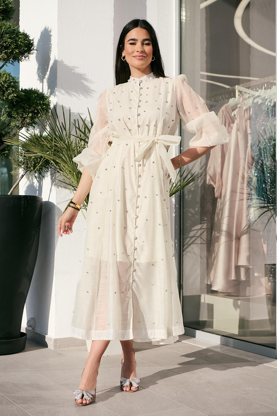 Φόρεμα maxi με στρας εκρού