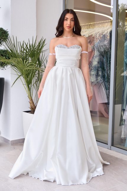 Φόρεμα Maxi Στραπλες Ταφτάς Γυαλιστερός με glitter στο μπούστο άσπρο