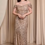Φόρεμα maxi off shoulder με παγιέτες και ντραπέ μπούστο χρυσό