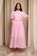 Φόρεμα midi balloon μανίκια με στρας baby pink - Image 2