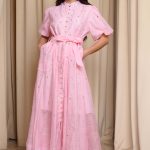 Φόρεμα midi balloon μανίκια με στρας baby pink