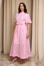 Φόρεμα midi balloon μανίκια με στρας baby pink - Image 3