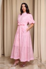 Φόρεμα midi balloon μανίκια με στρας baby pink - Image 4