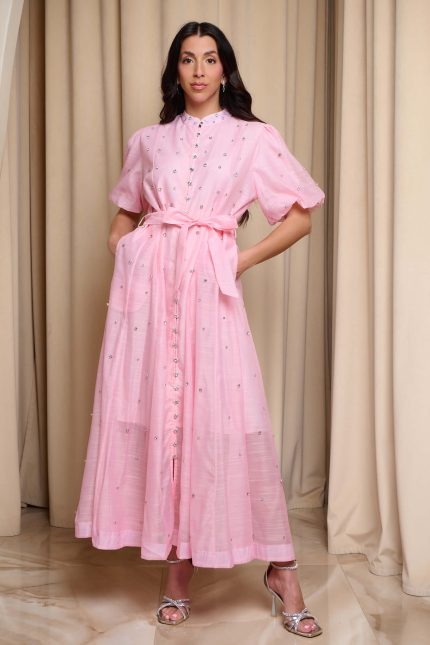 Φόρεμα midi balloon μανίκια με στρας baby pink