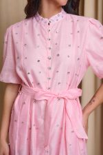 Φόρεμα midi balloon μανίκια με στρας baby pink - Image 6