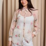 Πουκάμισο see through με 3D λουλούδια και στρας μπεζ