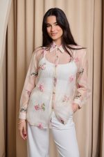 Πουκάμισο see through με 3D λουλούδια και στρας μπεζ