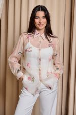 Πουκάμισο see through με 3D λουλούδια και στρας μπεζ - Image 2