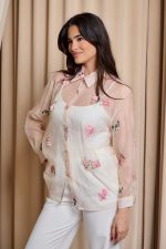 Πουκάμισο see through με 3D λουλούδια και στρας μπεζ - Image 4