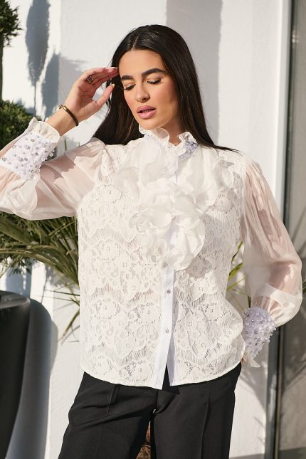 Πουκάμισο με φραμπαλά και πέρλες λευκό