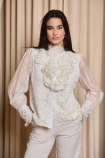 Πουκάμισο με φραμπαλά και πέρλες μπεζ