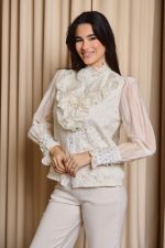 Πουκάμισο με φραμπαλά και πέρλες μπεζ - Image 4