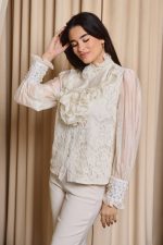 Πουκάμισο με φραμπαλά και πέρλες μπεζ - Image 5