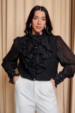 Πουκάμισο με φραμπαλά και πέρλες μαύρο