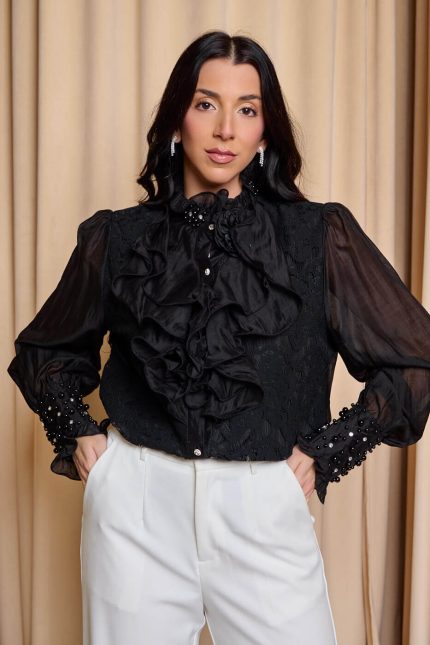 Πουκάμισο με φραμπαλά και πέρλες μαύρο
