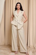 Σετ γιλέκο - παντελόνι με ζώνη μπεζ